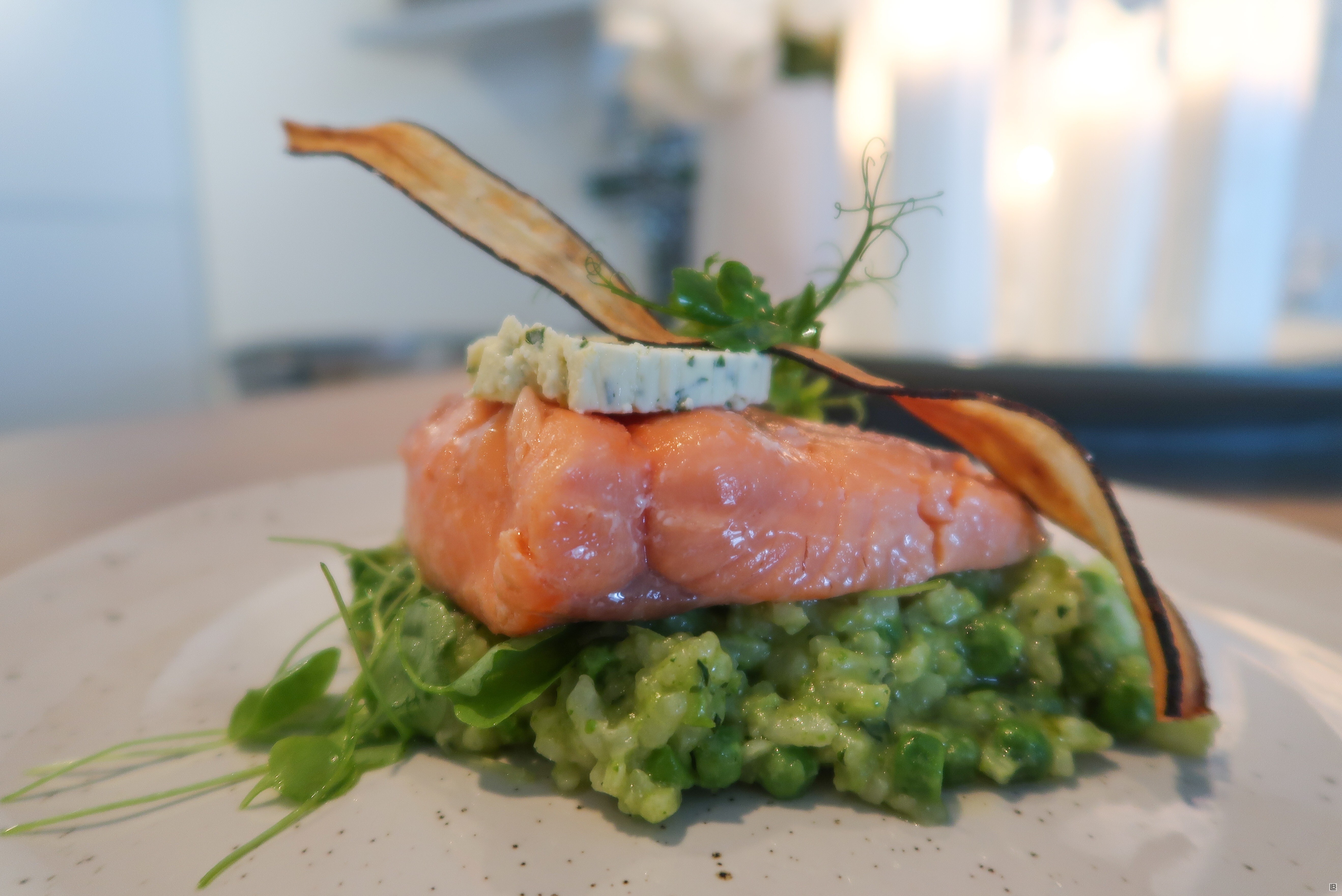BROWN BUTTER SOUSVIDE SALMON WITH PEA RISOTTO