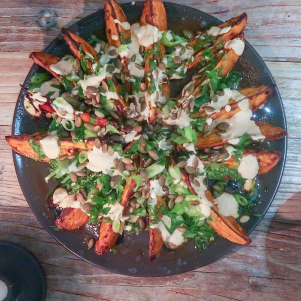 Sweet potato salad with coriander oil and spicy yogurt