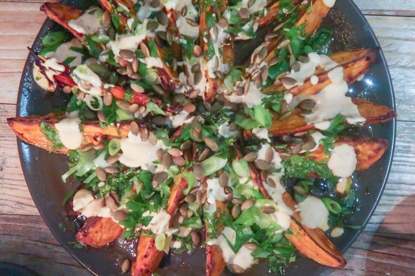 Sweet potato salad with coriander oil and spicy yogurt