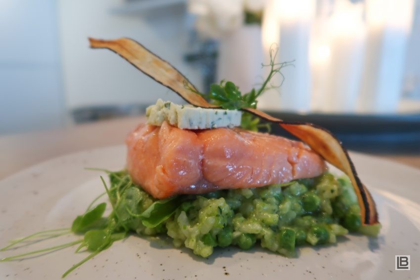 BROWN BUTTER SOUSVIDE SALMON WITH PEA RISOTTO